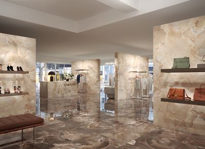 Grès cérame Tagina Onice Reale Ambra brillant 120 x 280 cm, rectifié