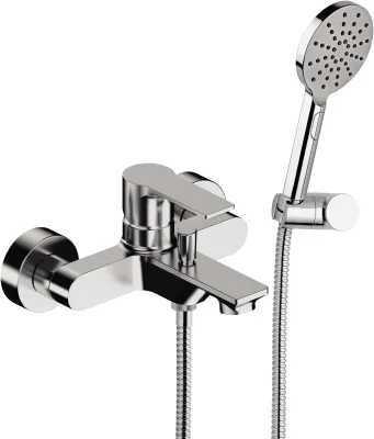 Exposed bath/shower mixer Remer Energy with flexible hose, 4-jet hand shower, and articulated chrome-plated brass holder