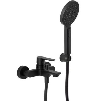 Exposed bath/shower mixer Remer Energy with hose, 4-jet hand shower, and articulated matte black brass holder