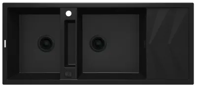 Built-in double-bowl granite kitchen sink Magnetic Deante 116 x 50 cm in black with space-saving telescopic drain