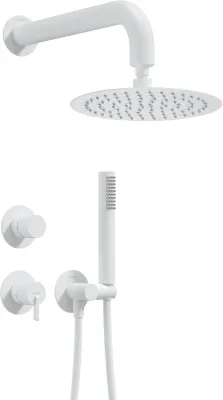 Ensemble de douche Deante Silia 250 mm blanc mat avec douchette et accessoires muraux.