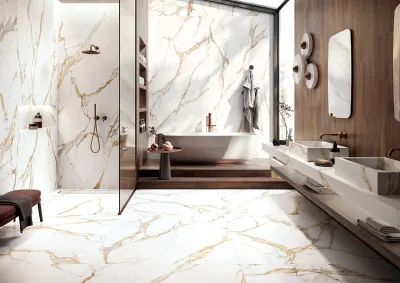 Grès cérame Tagina Calacatta Gold brillant 120 x 280 cm, rectifié