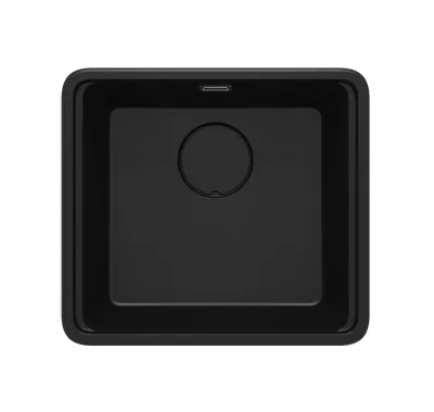 Évier de cuisine Deante Momi à une cuve en granit, 50 x 45 cm, noir mat avec bonde manuelle.