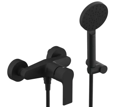 Exposed shower mixer with front lever Remer Energy with holder, hose, and 4-jet hand shower in matte black brass