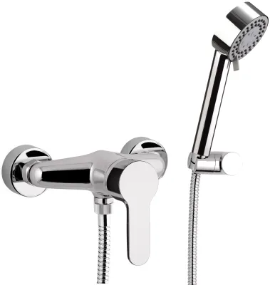 Exposed shower mixer Remer Winner with hose, 4-jet hand shower, and articulated chrome-plated brass holder