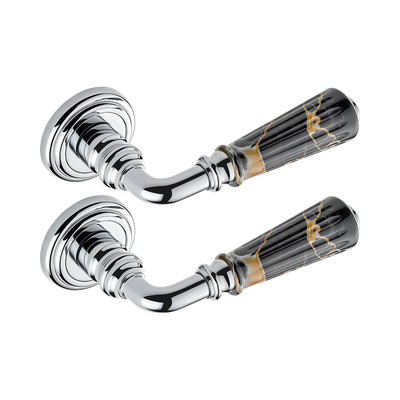 Paire de poignées de porte chromé brown insert Portoro rainuré THG Paris - Collection "London"