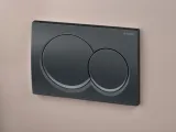 Bouton de chasse d'eau double rond Geberit Alpha01, chrome noir mat, plaque de chasse d'eau murale, design élégant.
