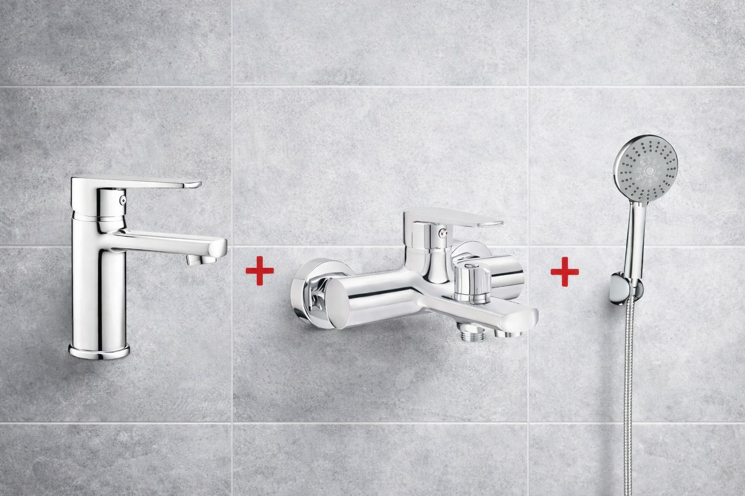 PACK : mitigeur de lavabo Tubo, mitigeur de bain / douche et douchette à main avec support et flexible Neo Joko