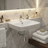 Lavabo mural en céramique blanche avec trou de robinet central et trop-plein visible, Geberit Selnova Smyle C Square.