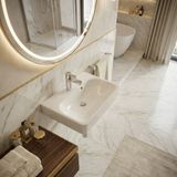 Lavabo mural carré Geberit Smyle 45 cm en céramique blanche avec trou de robinet central et trop-plein visible.