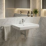 Lavabo mural en céramique blanche avec trou de robinet central et trop-plein visible, Geberit Smyle Square 75cm.