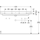 Plan-vasque Geberit Smyle Square 120 cm évier en céramique avec schéma des dimensions et des spécifications techniques.