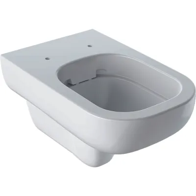 Cuvette de toilette suspendue Geberit Smyle Rimfree, céramique blanche, 35 cm de large, 54 cm de long, 34 cm de haut.