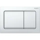 Plaque de commande double chasse d'eau carrée blanche Geberit Alpha01, vue de face, présentant un design élégant et des boutons de déclenchement.