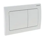 Plaque de commande carrée blanche Geberit Alpha01 avec double bouton de commande et cadre, design moderne et élégant.