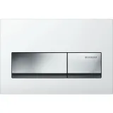 Geberit Alpha50 plaque de déclenchement, blanc chromé, double commande, logo Geberit, design moderne et élégant.
