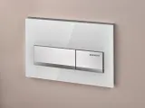 Plaque de commande Geberit Alpha50 chromée blanche, double bouton, fixation murale, finition brillante, forme rectangulaire.