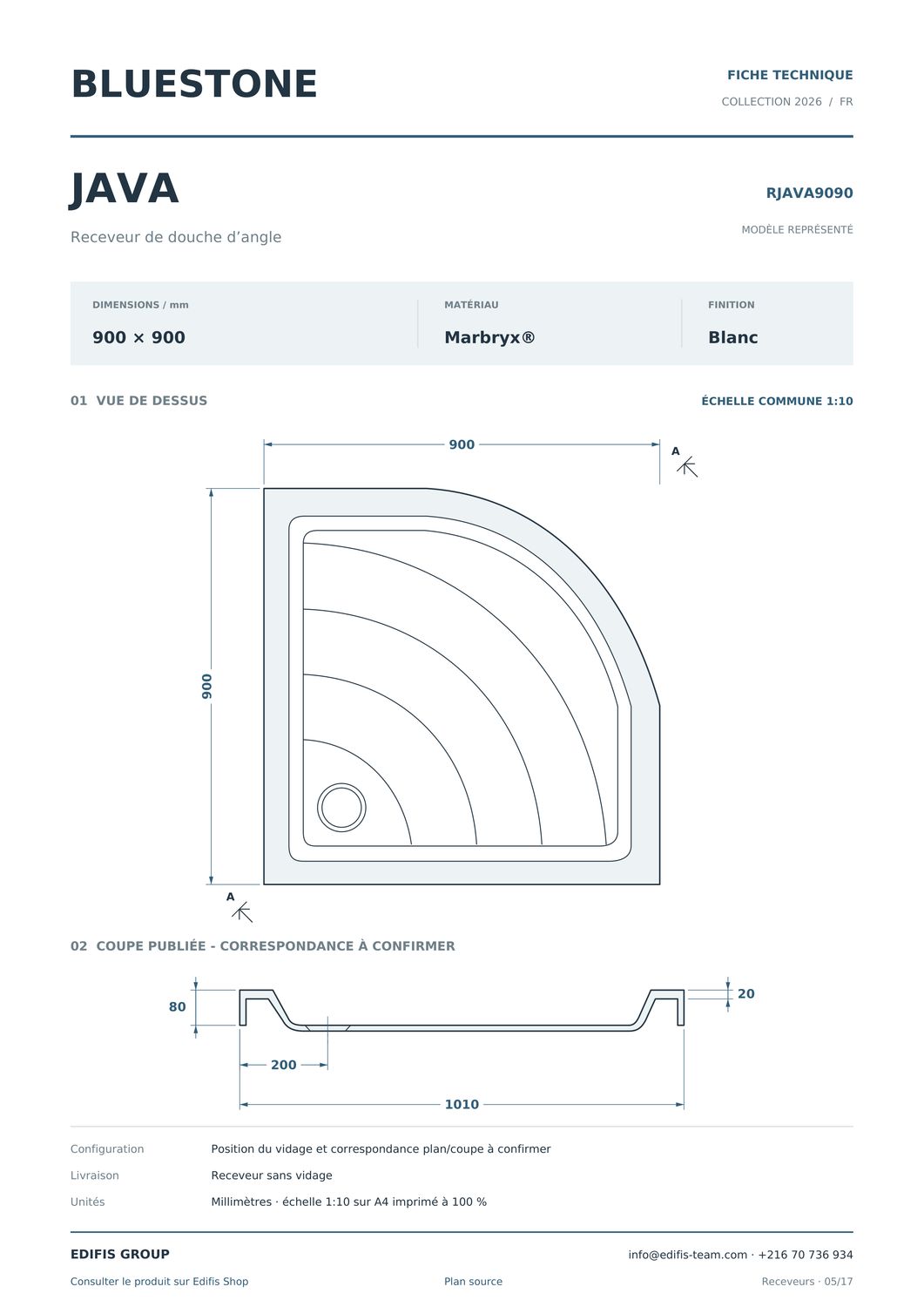 Receveur d'angle Java 90 x 90 cm sans vidage — vue 3