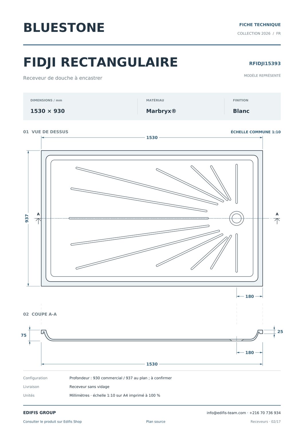 Receveur Fidji 153 x 93 cm sans vidage — vue 5