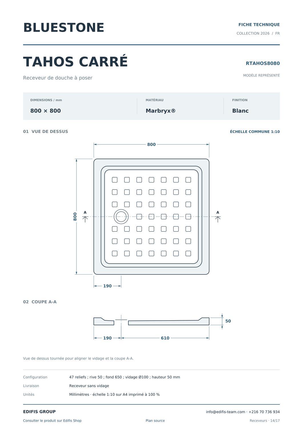 Receveur Tahos 80 x 80 cm sans vidage — vue 3