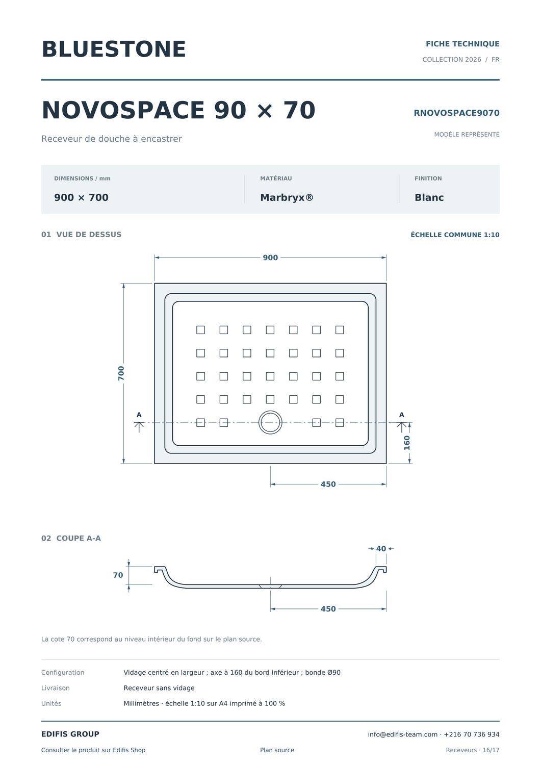 Receveur Novospace 90 x 70 cm sans vidage — vue 2
