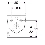 Dimensions de la cuvette de toilette Geberit Xeno² Rimfree KeraTect : 35 cm de large, 32 cm de haut, entraxe de fixation de 18 cm.