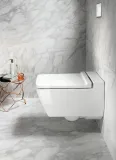 WC suspendu Geberit Xeno² avec revêtement Rimfree KeraTect, couleur blanche, fixations invisibles, design de salle de bains moderne.