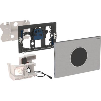 Plaque de commande électronique Geberit Sigma10, acier inoxydable brossé, 12 cm, finition facile à nettoyer et résistante aux traces de doigts.