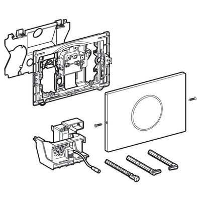 Plaque de finition électronique infrarouge Geberit Sigma10, en acier inoxydable, démontée avec vis et pièces de montage visibles.