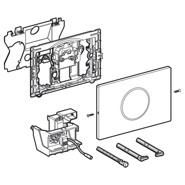 Plaque de finition électronique infrarouge Geberit Sigma10, en acier inoxydable, démontée avec vis et pièces de montage visibles.