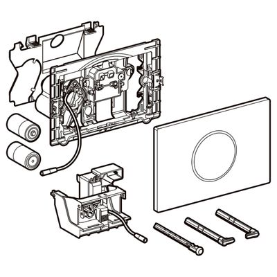 Plaque encastrée électronique infrarouge Geberit Sigma10, acier inoxydable brossé, démontée avec ses composants et sa visserie de montage.