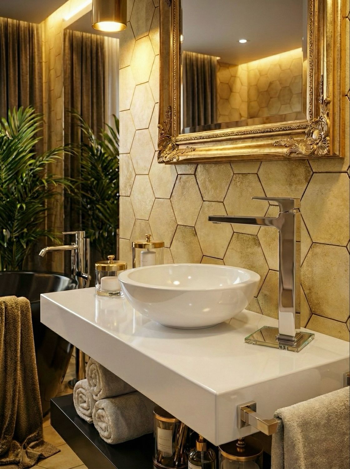 Lavabo blanc avec robinet argenté sur un comptoir moderne, miroir doré et carrelage mural à motif nid d'abeille, avec serviettes roulées et plante verte luxuriante à proximité.