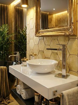 Lavabo blanc avec robinet argenté sur un comptoir moderne, miroir doré et carrelage mural à motif nid d'abeille, avec serviettes roulées et plante verte luxuriante à proximité.