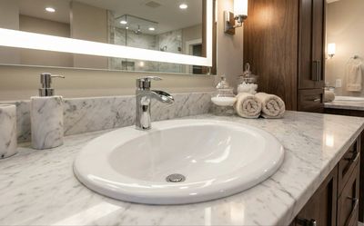 Lavabo rond blanc avec robinet argenté sur un comptoir en marbre et grand miroir.