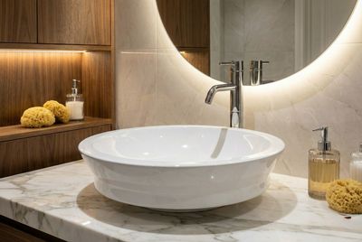 Lavabo de salle de bain en céramique blanche avec robinet argenté sur un comptoir en marbre et accessoires.