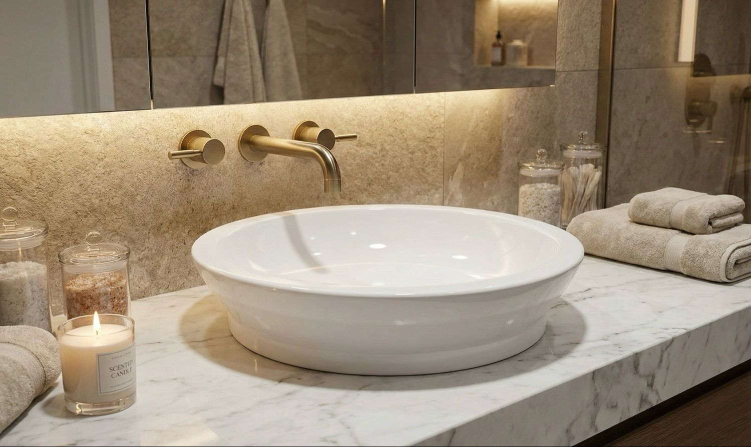 Lavabo de salle de bain en céramique blanche avec robinet doré sur un comptoir en marbre, avec serviettes et bougie à proximité.