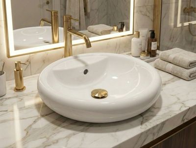 Lavabo de salle de bain en céramique blanche avec robinetterie dorée sur un comptoir en marbre, design moderne et accessoires dorés.