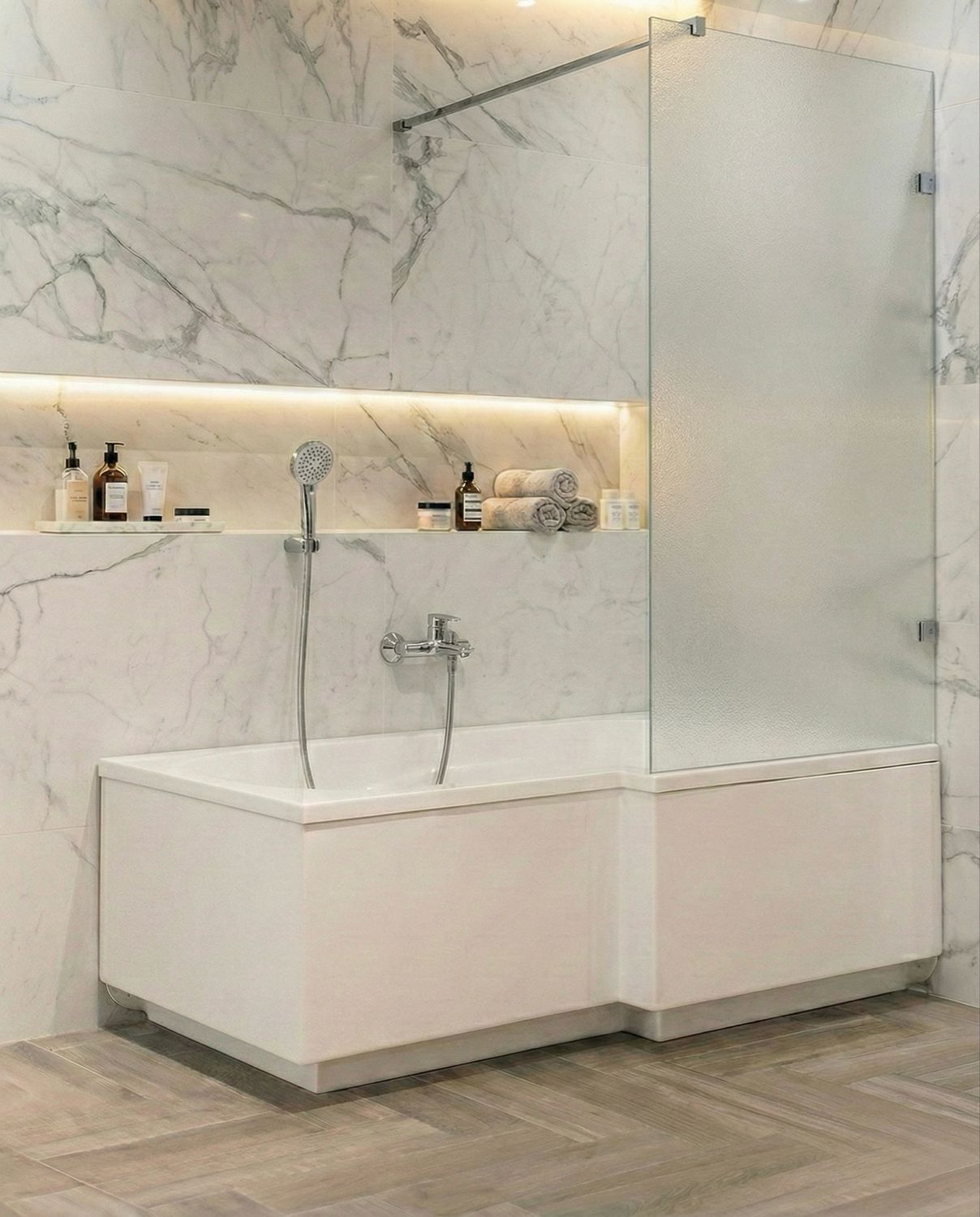Paroi de baignoire Innovativ en verre trempé (Securit) d'épaisseur 8 mm avec pinces et barre raidisseur en acier inoxydable chromé
