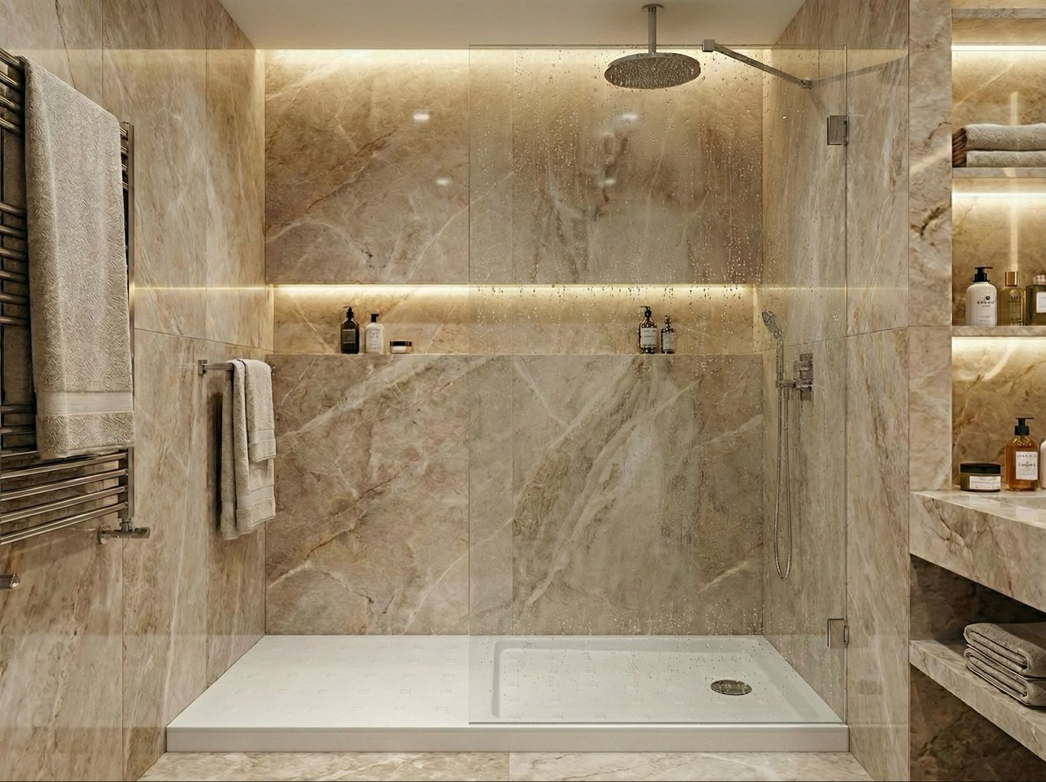 Innovative Shower Screen in Tempered Glass (Securit) with 8mm Thickness, Clips, and Chrome Stainless Steel Stabilizing Bar