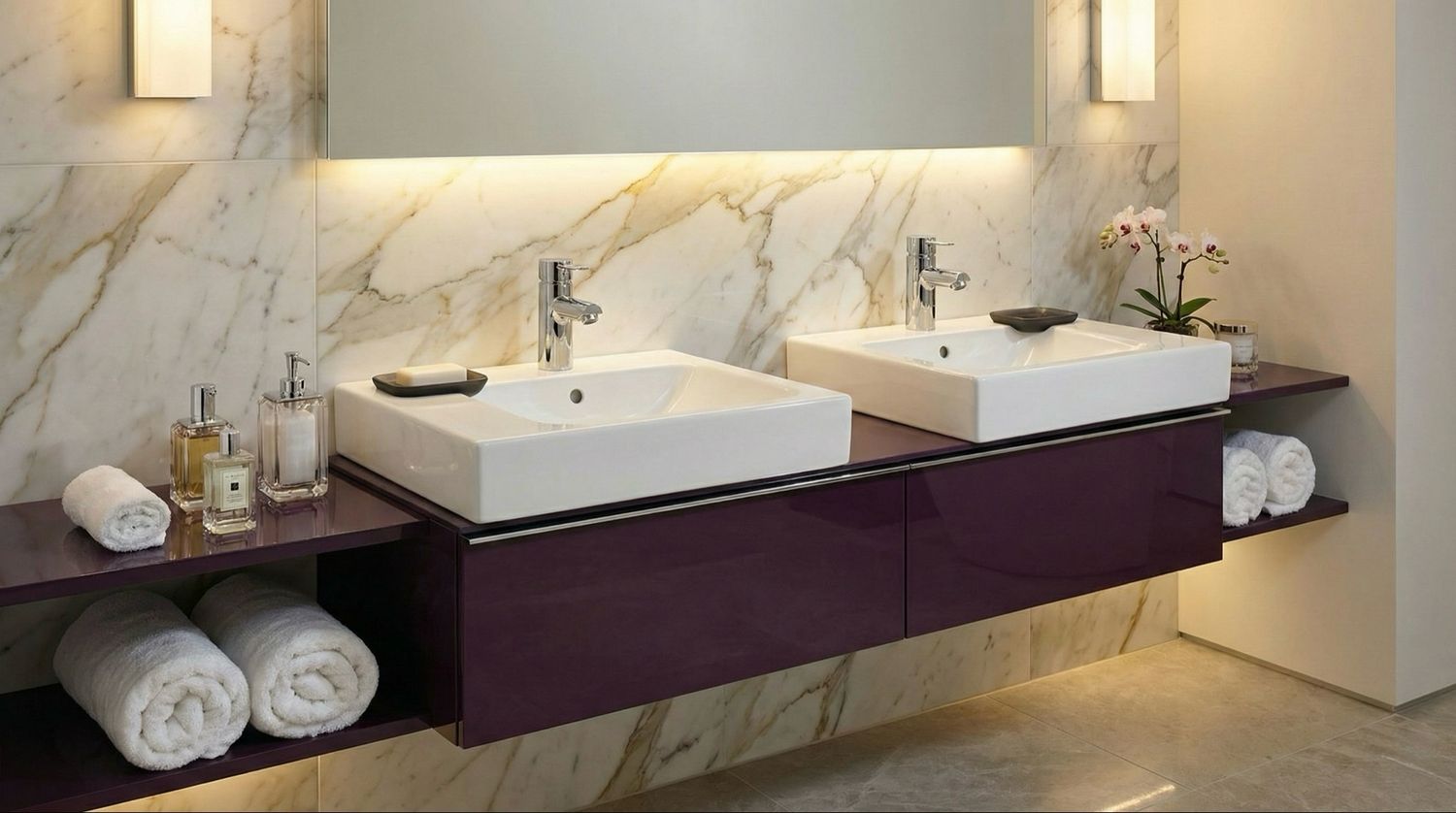 Geberit / Keramag iCon Base Cabinet with Two Keramag iCon 50 cm Sinks, Two Drawers, and Storage Space in Bordeaux Red