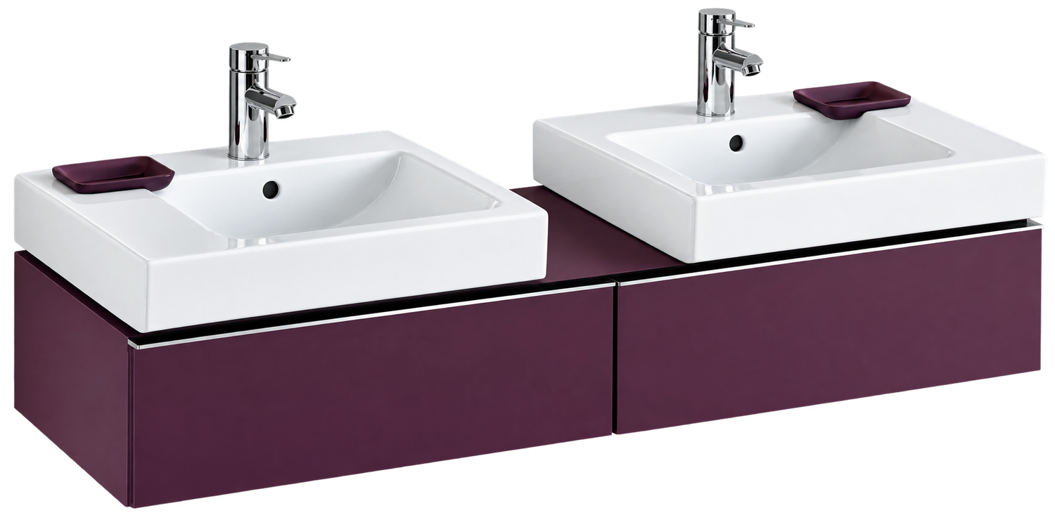 Meuble bas Geberit / Keramag iCon avec deux lavabos Keramag iCon 50 cm avec deux tiroirs et espace de rangement en rouge bordeaux — vue 2