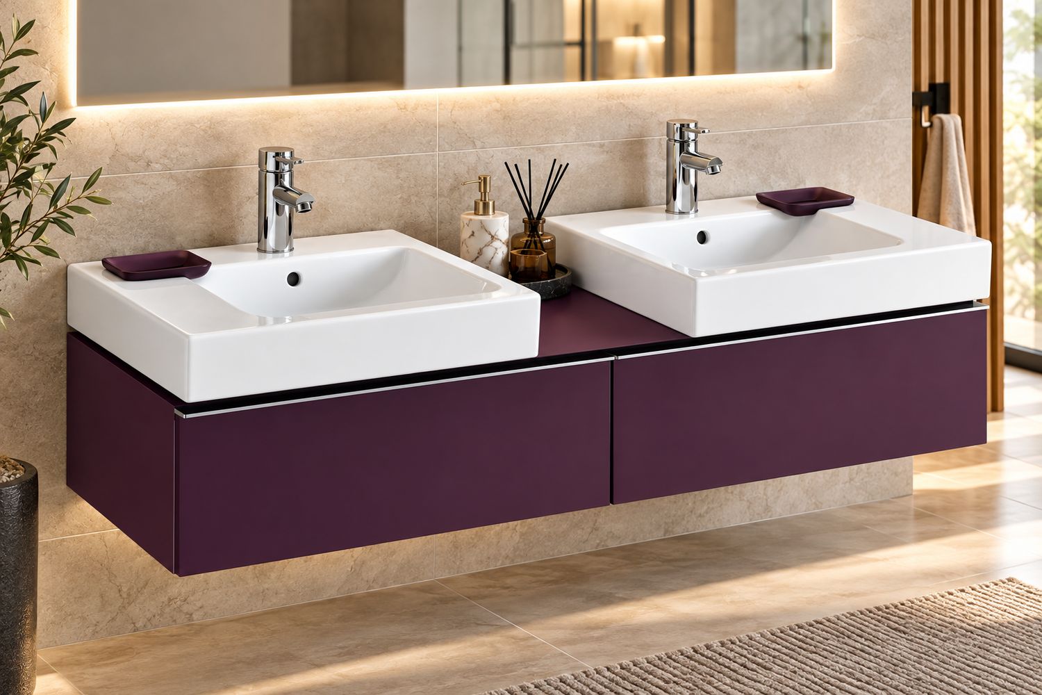 Meuble bas Geberit / Keramag iCon avec deux lavabos Keramag iCon 50 cm avec deux tiroirs et espace de rangement en rouge bordeaux