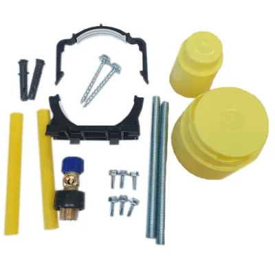 Kit de montage Geberit Duofix Delta Alpha avec pièces jaunes et noires, vis et boulons.