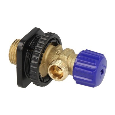 Robinet équerre Geberit, 12 cm Sigma, Omega, raccord en laiton avec poignée bleue et connecteur noir.