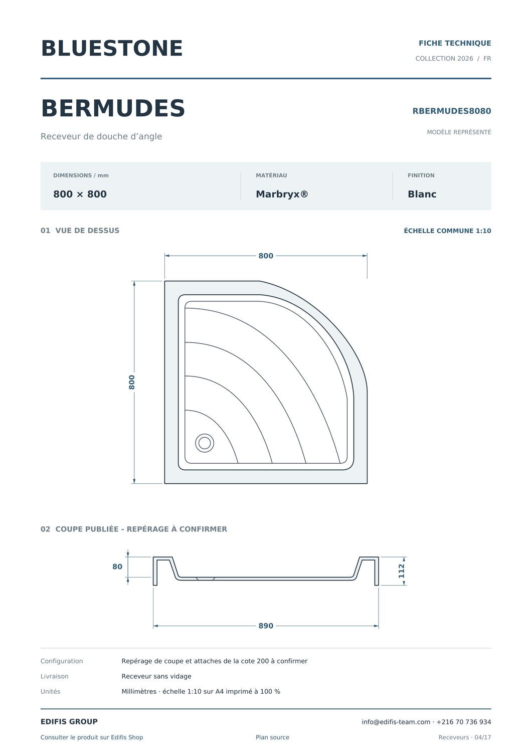 Receveur d'angle Bermudes 80 x 80 cm ou 90 x 90 cm sans vidage — vue 5
