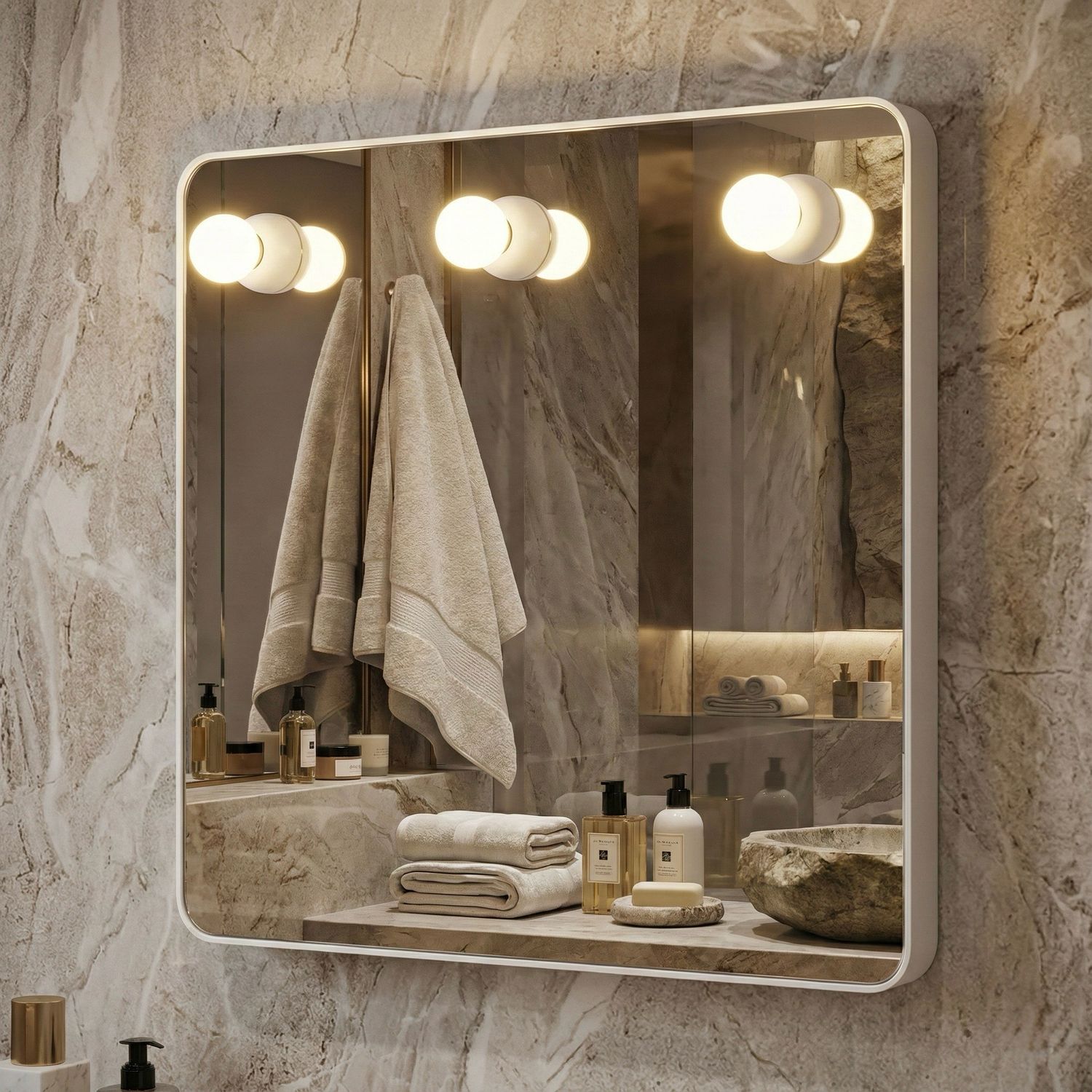Mirror Gedy Dakota Square 55 cm with White Frame and Lighting