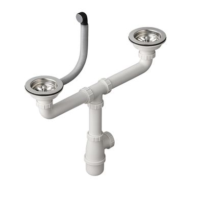 Vidage d'évier de cuisine 2 bacs grandes bondes Évier de cuisine en acier inoxydable avec deux grandes crépines de 90 mm de diamètre et des tuyaux en PVC blanc.