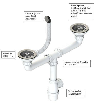 Ensemble de vidange pour évier de cuisine avec deux crépines en acier inoxydable et tuyaux et raccords en PVC blanc.