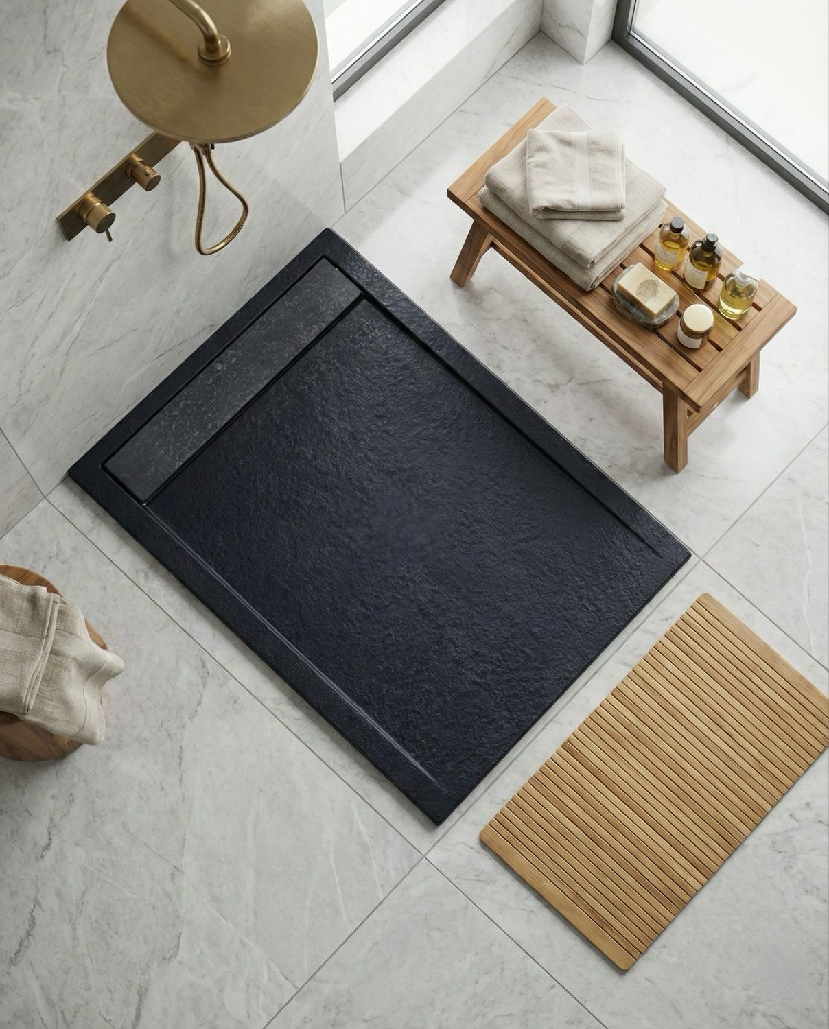 Rectangular extra-flat and anti-slip Galaxite shower tray (100 to 180 cm) x 80 cm with Marbryx® or stainless steel grid and extra-flat waste