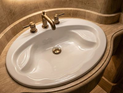 Vasque encastrable Coquille 64,5 cm Vasque encastrable Coquille 64,5 cm, lavabo ovale blanc avec robinet et poignées dorés installés.